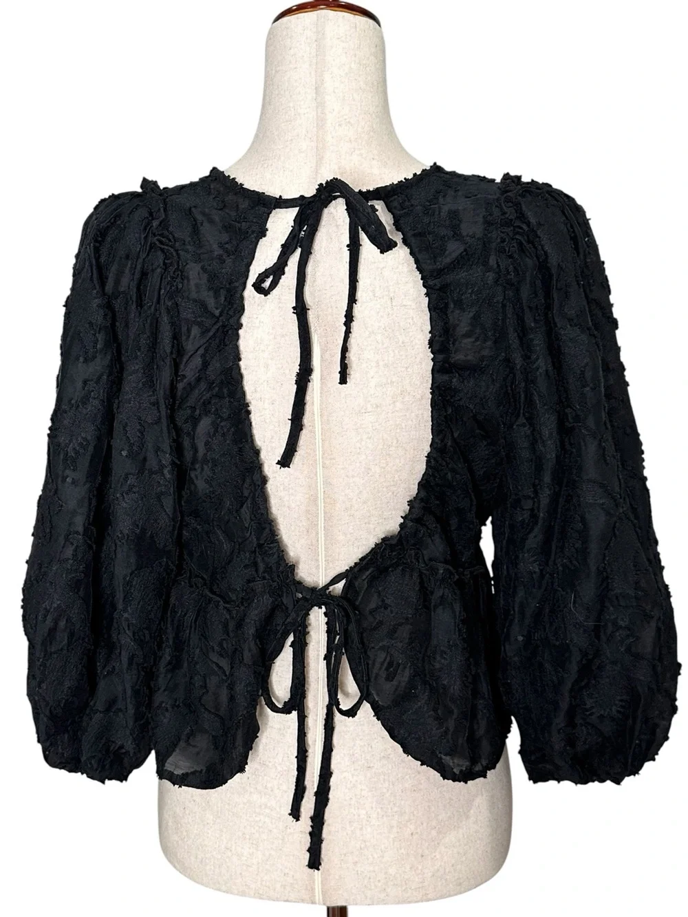 Free People Callie Black Textured Puff-Sleeve Peplum Blouse. Bohemian. Festival